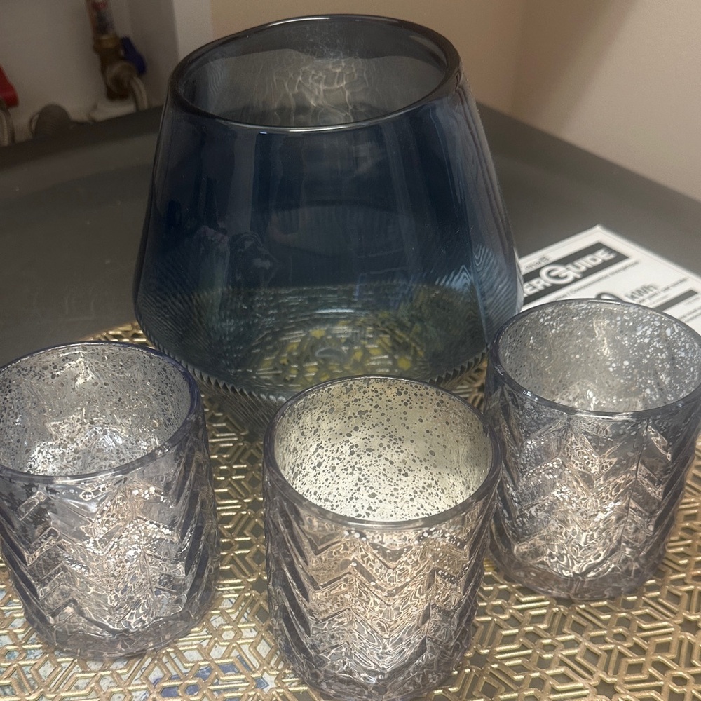 Elegant Blue Glass Candle Holder Set